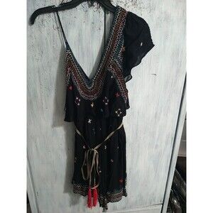 Free People Black Mini Dress with Multicolor Embroidery